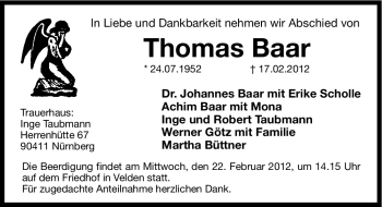 Traueranzeige von Thomas Baar von Hersbrucker Zeitung